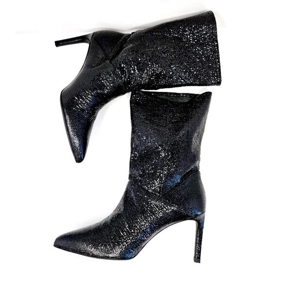 Allsaints Orlana Black Stiletto Heel Boot Sz 10 Shimmery Leather Pointed Toe New - Picture 4 of 16